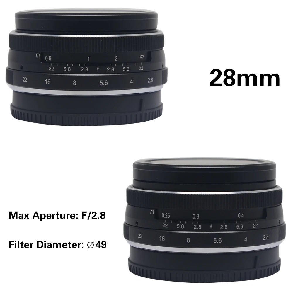 Meike 28mm f2.8 fixed manual focus lens work with EF-M mount Mirrorless Cameras