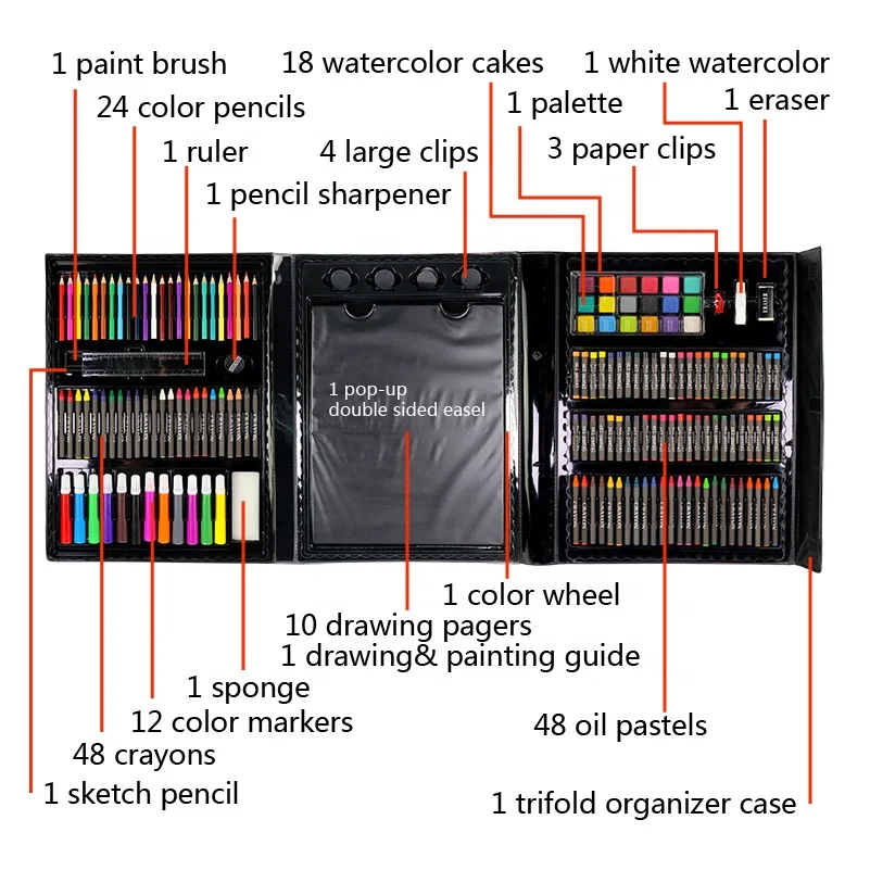
179 Piece Double Sided Trifold Easel Kids Drawing Art Set 
