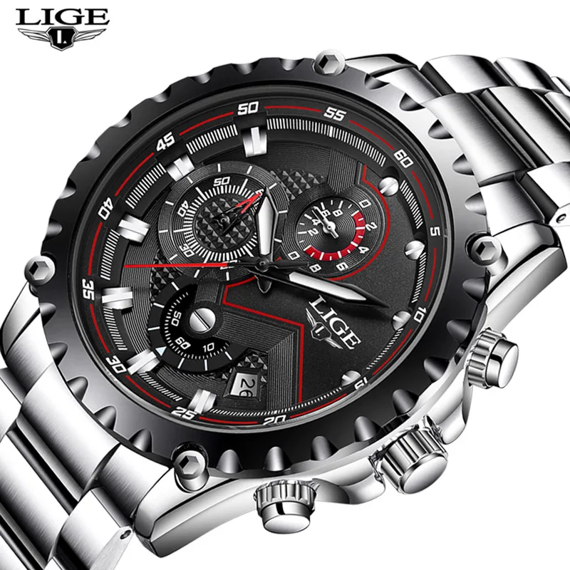 Man Clock Fashion Sport Quartz Watch Men Business High-end Watches LIGE Alloy Stainless Steel Round Analog Hook Buckle