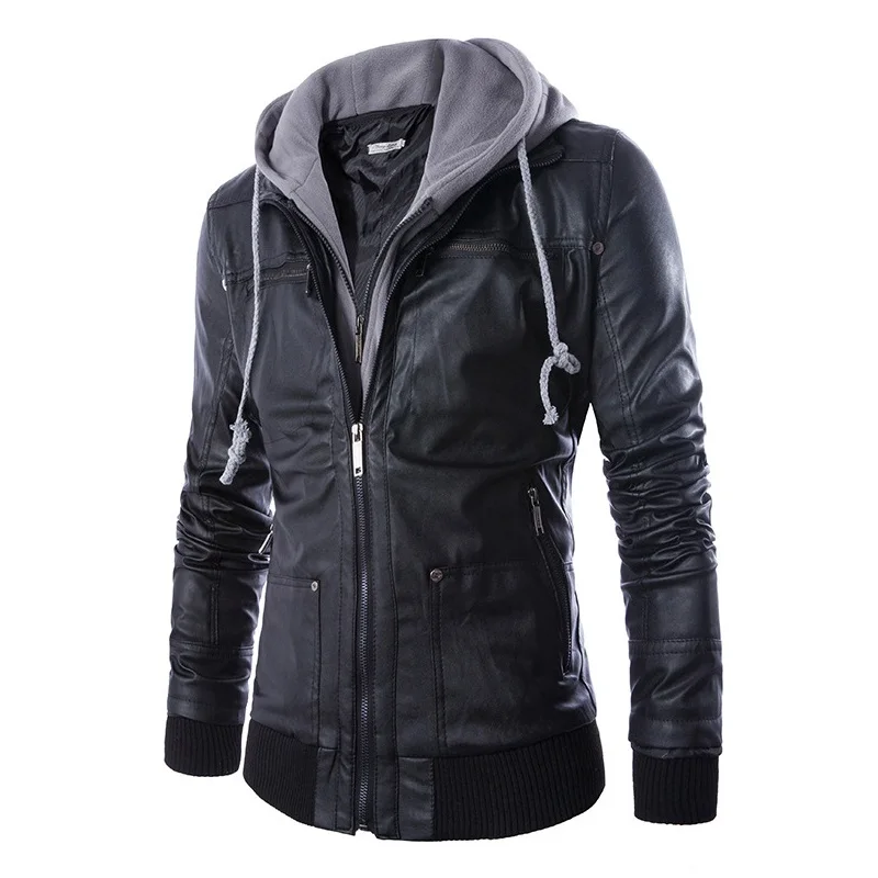 Мужская мотоциклетная куртка из искусственной кожи с капюшоном и карманами на молнии по оптовой цене