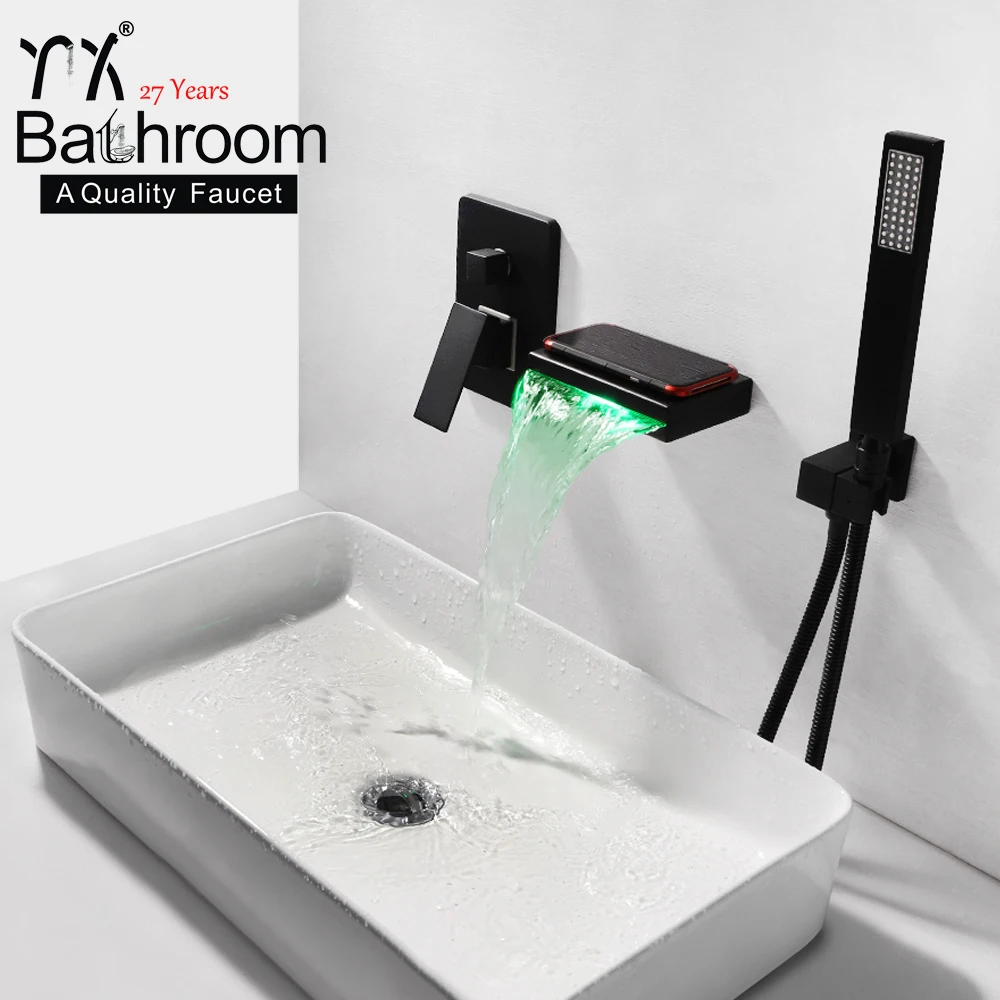 
kaiping faucet Popular LED wall mounted bathroom sink taps brass matte black waterfall basin faucets 