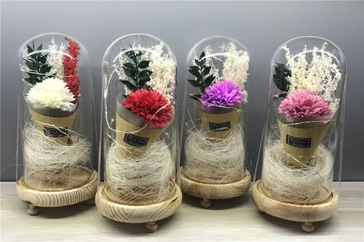 Wholesale preserved rose flowers artificial silk flower with LED light in glass dome perfect gift for festival