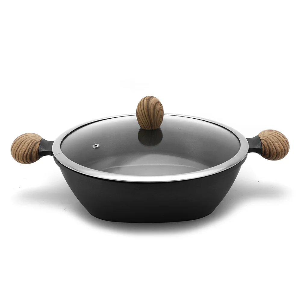 Aluminum die casting casserole with wood coating handle and black nonstick coating