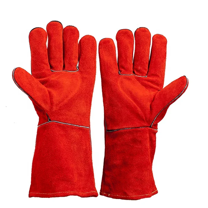 Red heat resistant gloves cow split leather anti fire elbow length gloves for hand protection