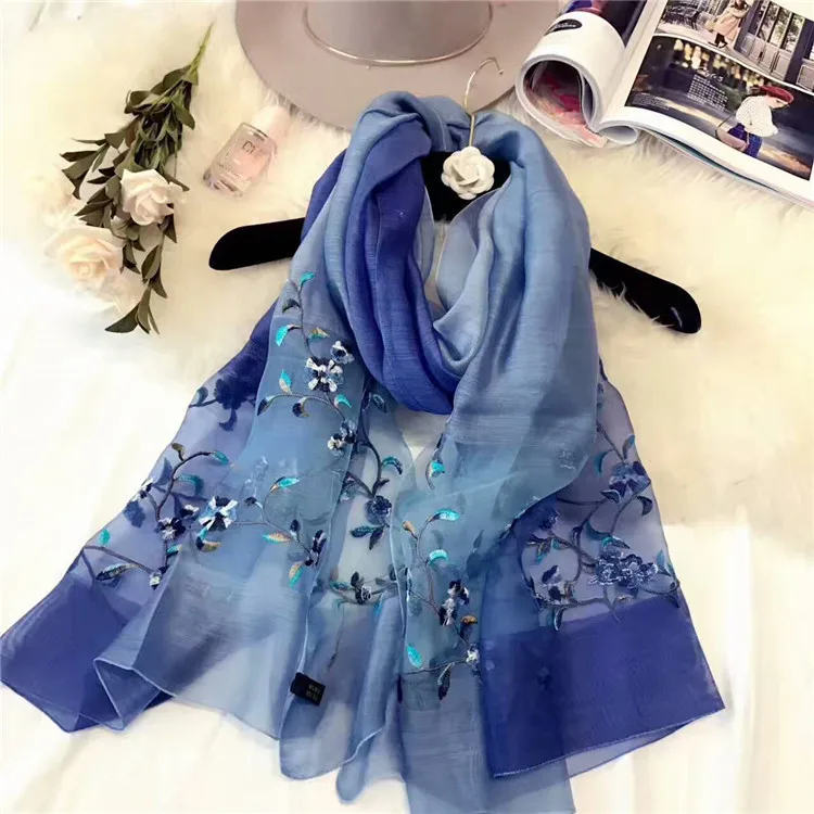 ZP wholesale lady long plain woven beautiful silk and wool hijab scarf flower embroidered