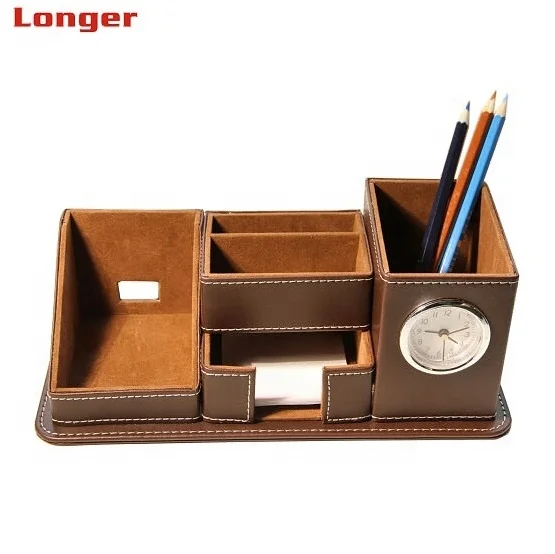LG-B050 Custom Logo Personalized Office Stationary Desk Pen Holder  PU Leather Table Pen Holder With Alarm Clock
