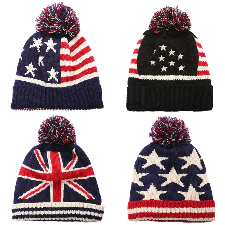 Custom Winter National flag Knit Hat with Pom Tops