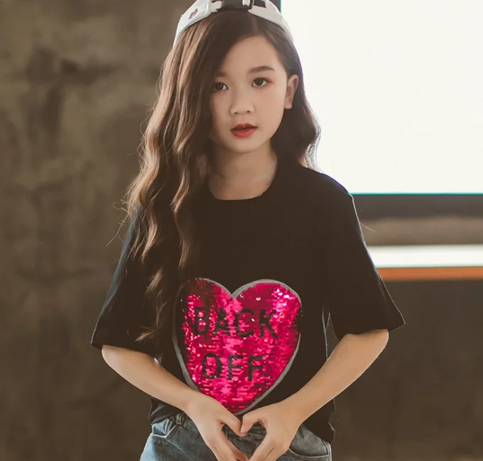 
YY10009G Hip-pop sequin front t shirt dancing clothes girls reversible sequin t-shirt 