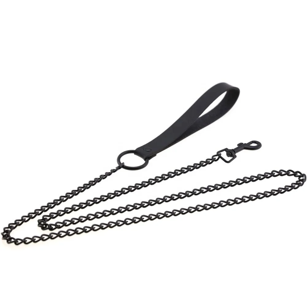 PU Leather Handle Pet Traction Rope Dark Black Metal Chain Traction Belt,Sex Toys For Couple