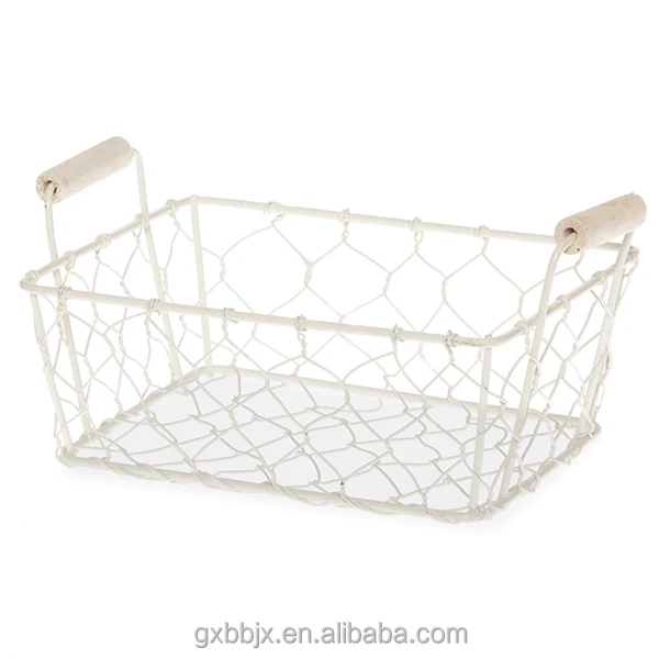Wholesales Household Storage Type Mini Rectangular Wire Mesh Utility Basket with Wooden Side Handles