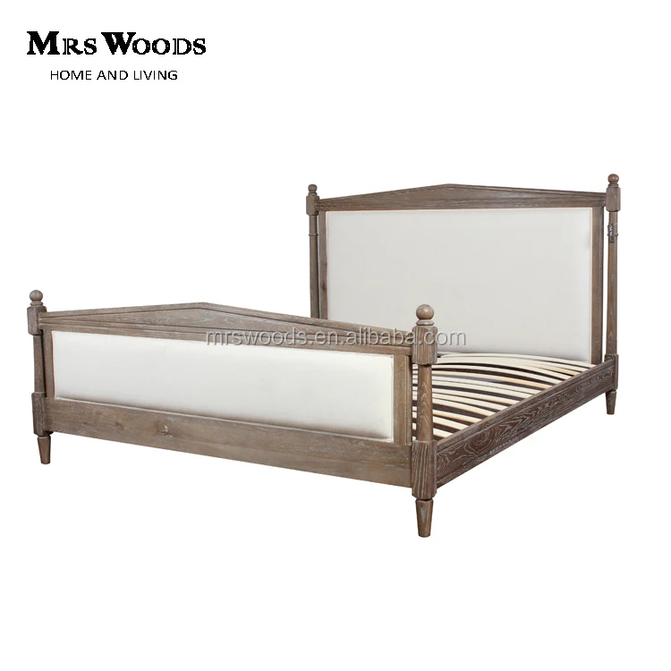 Linen upholstered french weathered oak bed frame