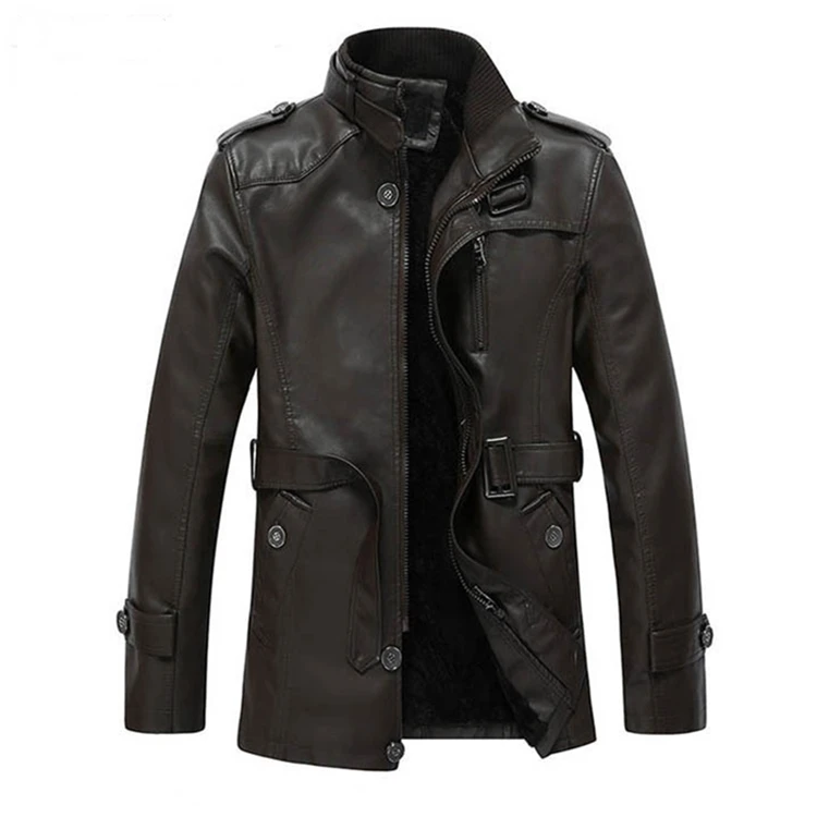 Winter Stand Collar Fleece PU Leather Jacket for Men in Stock