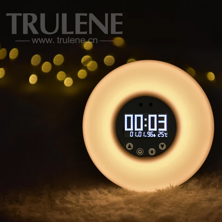 2021 hot sell Sunrise nature sounds FM Radio Simulation RGB round Night light Desk led word alarm Clock
