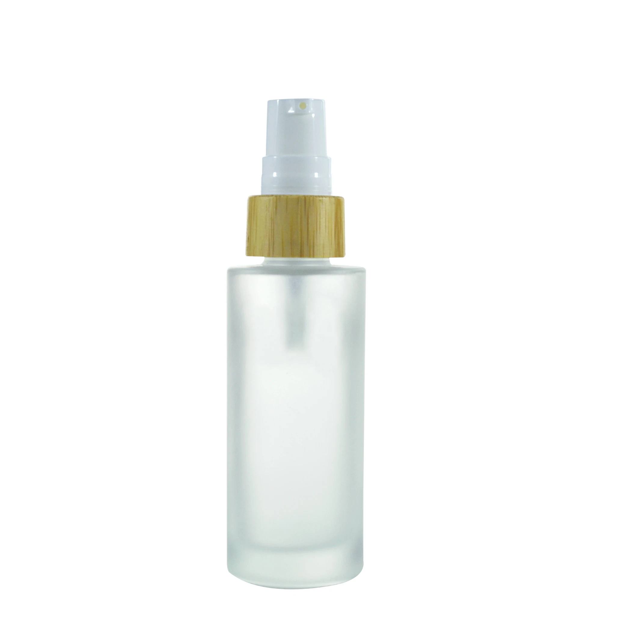 Hot selling 30ml 50ml 100ml 120ml 150ml cosmetic frosted glass bottle with bamboo spray pump lotion cap