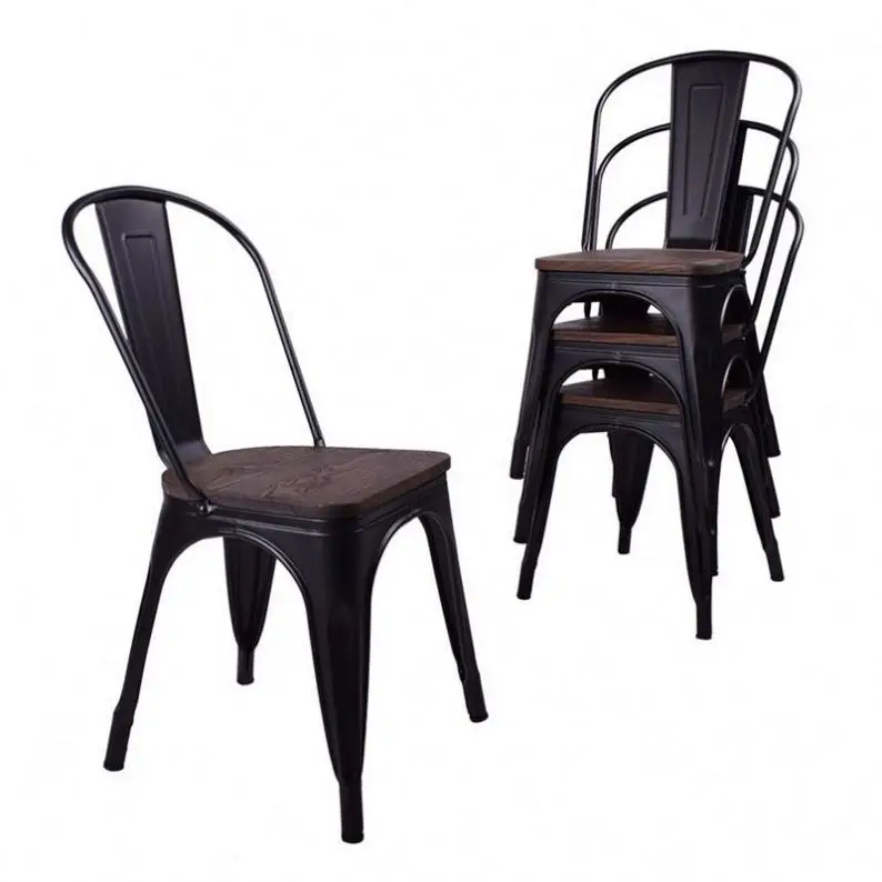 Hotel Steel  Vintage Black Classic Metal Chair for Living Room restaurant with wood cushion and back