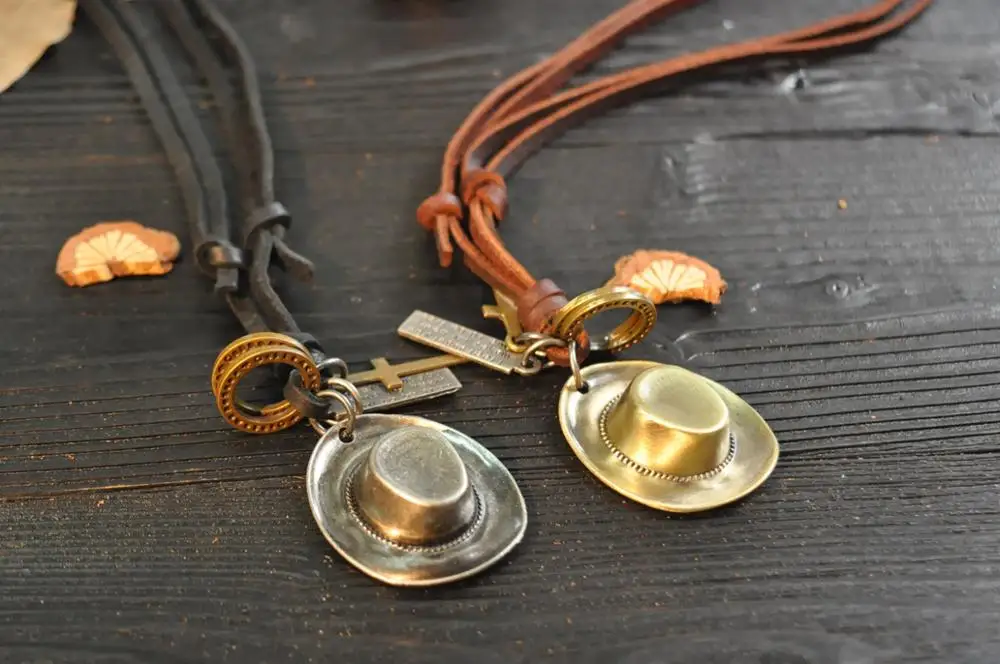 Fashion Hot Sale Cowboy Hat Retro Leather Rope Long Necklace Pendant Woman Man  Necklace
