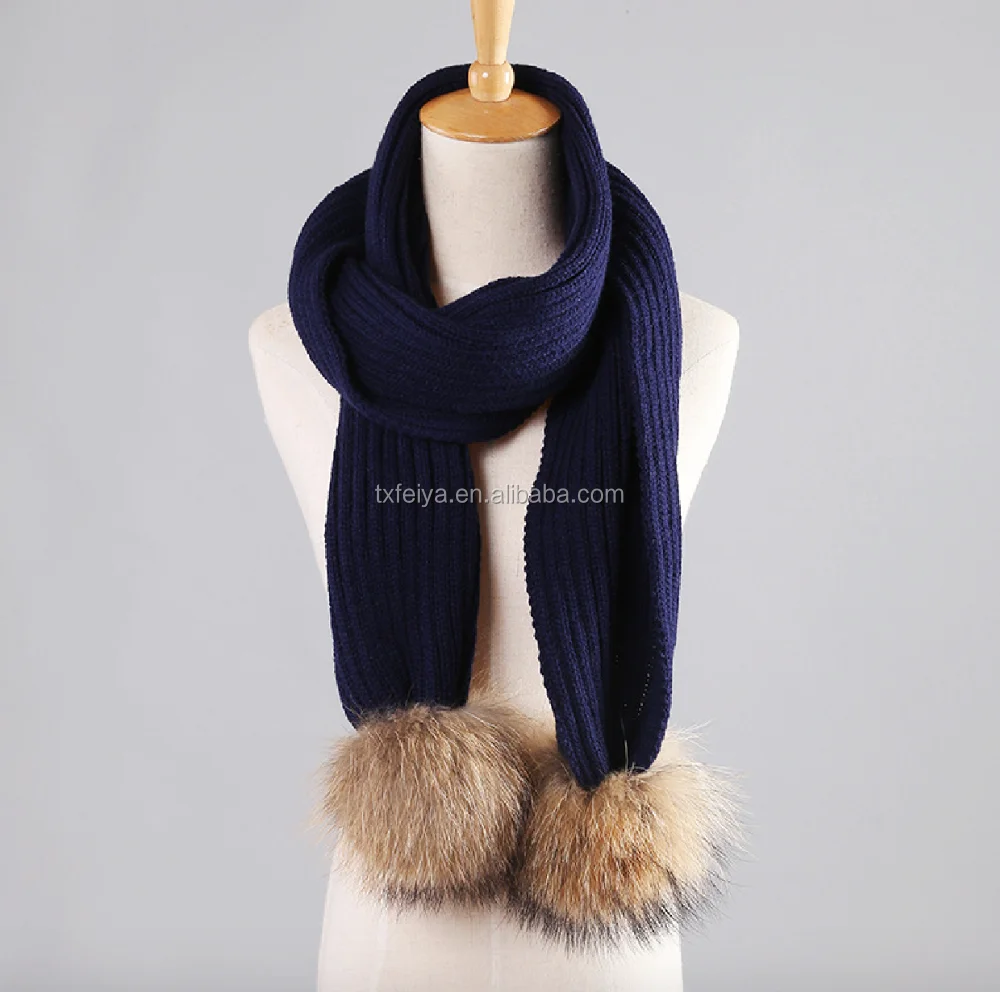 Winter Knit Scarf With Detachable Real Raccoon Fur Pom Poms UK Style Knitted Scarves