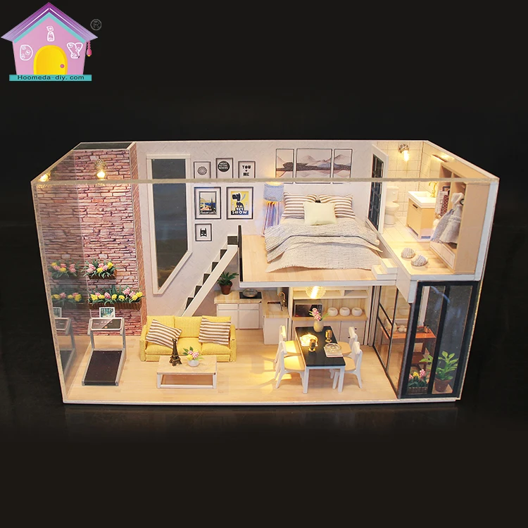 Guangzhou hongda деревянный Собранный кукольный домик со светодиодным diy миниатюрный для