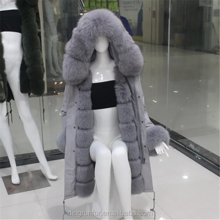 
Fox Fur Collar and Trim Rex Rabbit Fur lined coat Hooded real fur parka 
