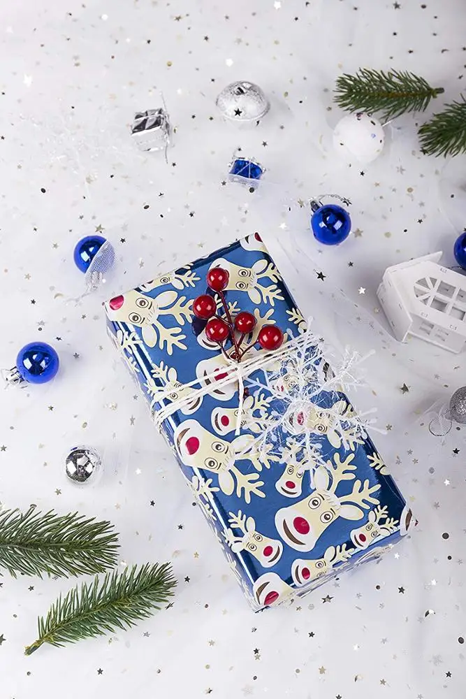 Popular Product Blue Winter Scene Xmas Patterns Printed Wrapping Paper for Gift