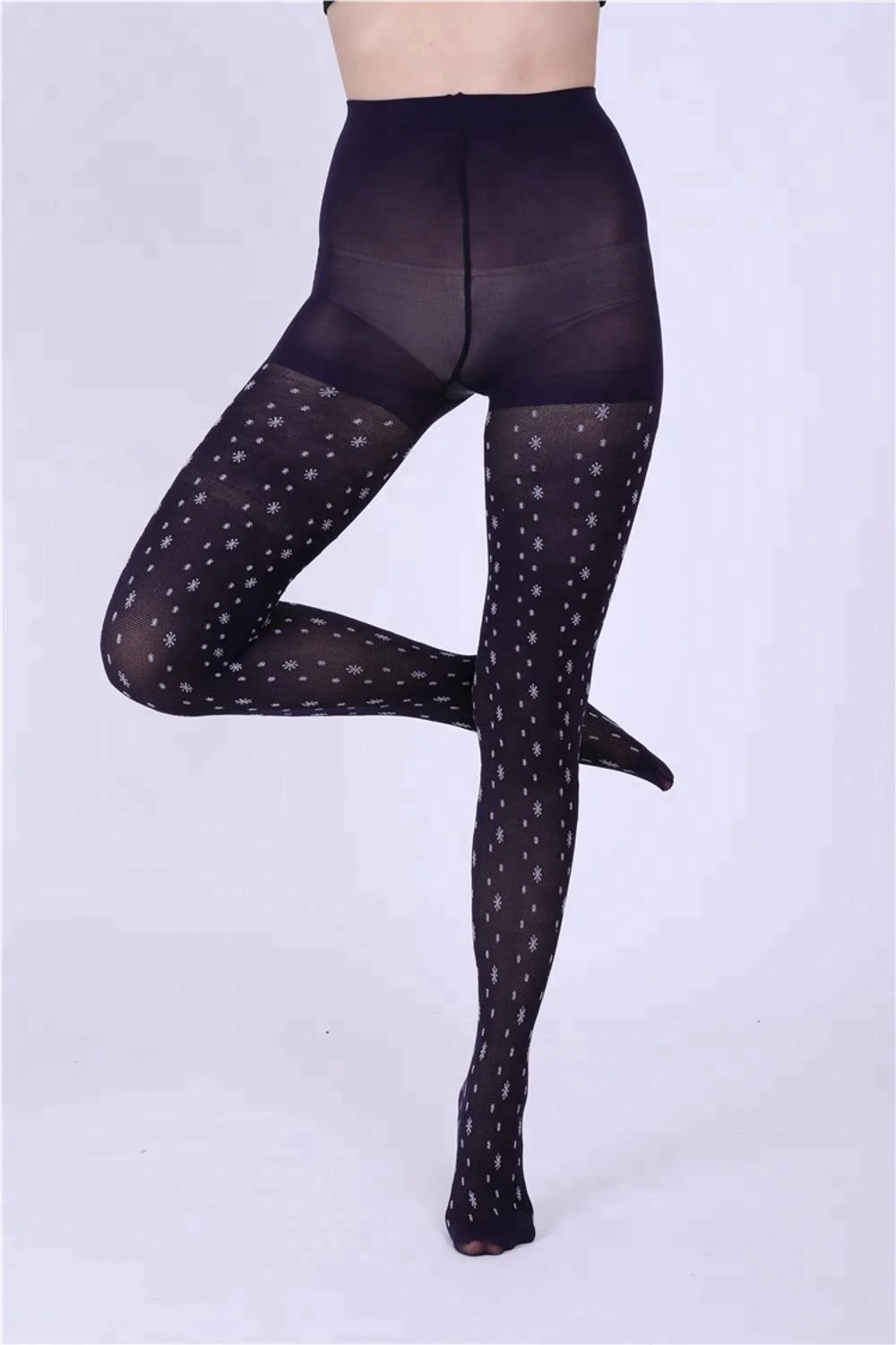 Hot sale high elasticity soft breathable fabric winter female black snowflower  printed  stockings