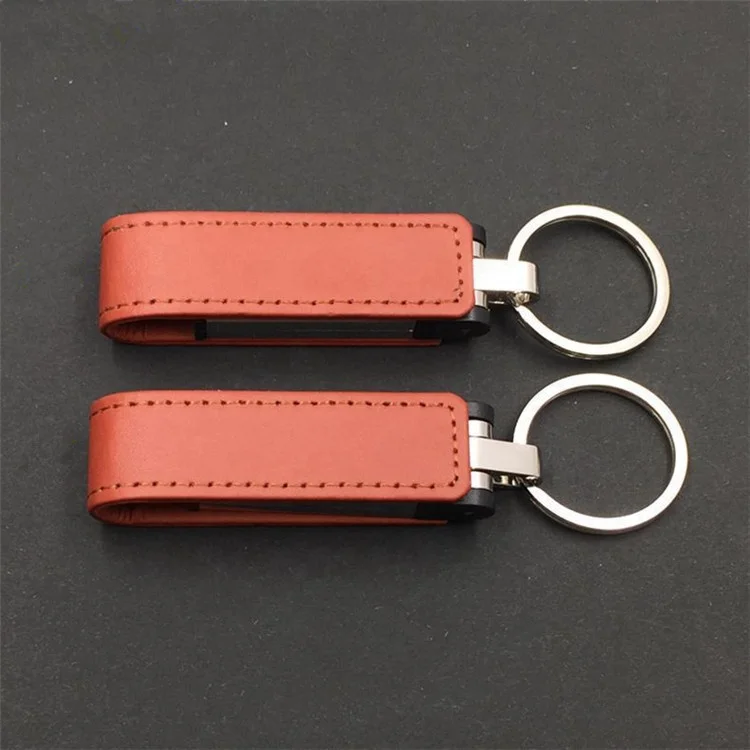 Wholesale custom business gift high grade  leather  usb flash drive with keychain