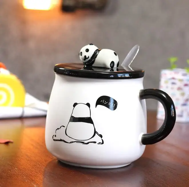High quality Korean Style cartoon cute panda Ceramic coffee milk Mug with Cover and Spoon