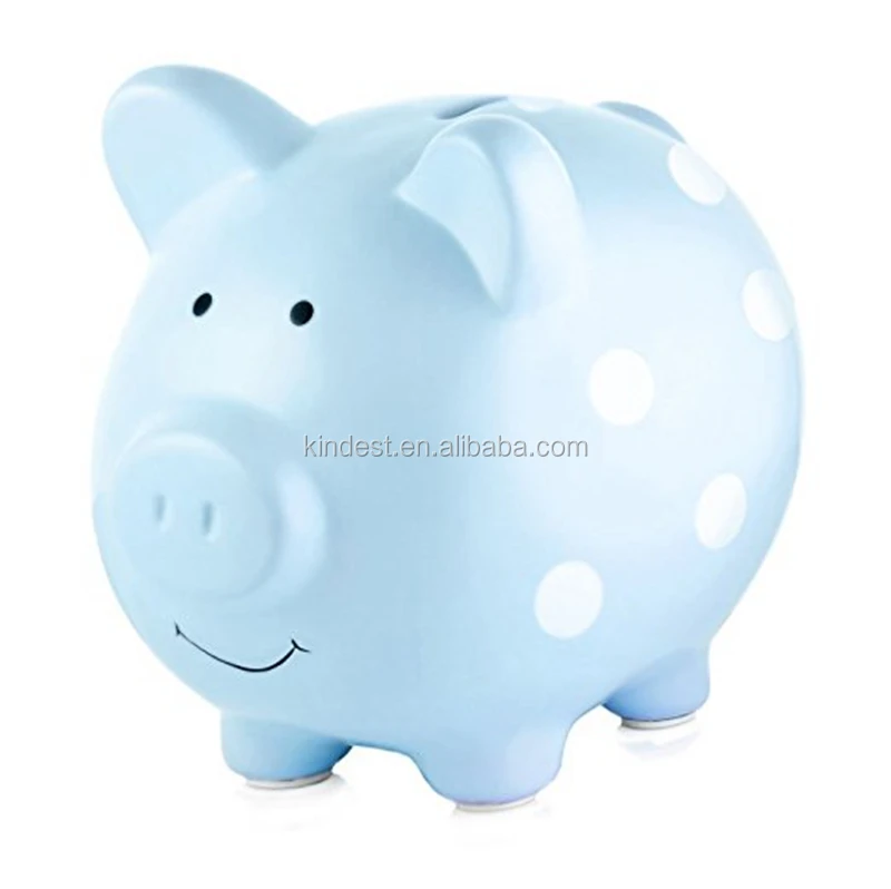 Blue color Big Polka Dot Piggy Bank 7 inches Ceramic