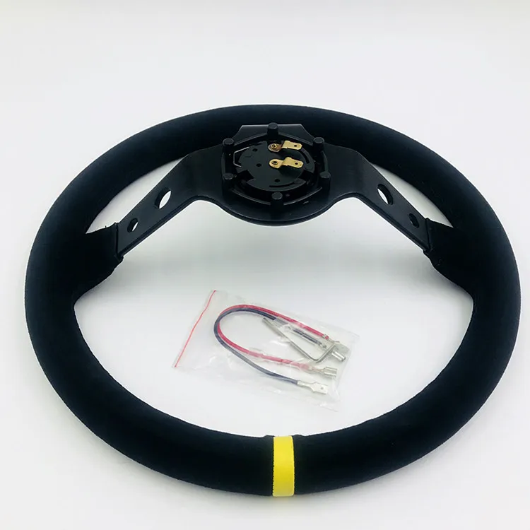 350mm 3 Inches Deep Dish 6 Hole Racing Steering Wheel Black Leather Yellow Pointer with Horn Button