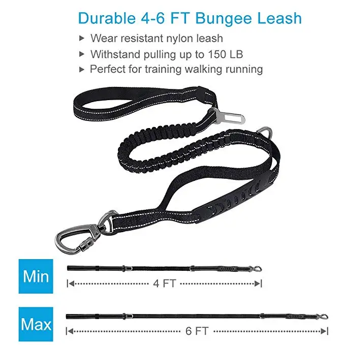 6FT Strong Nylon Dog Leash with Highly Reflective Threads and Bungee Buffer Leash and padded handle,dog car seat belt