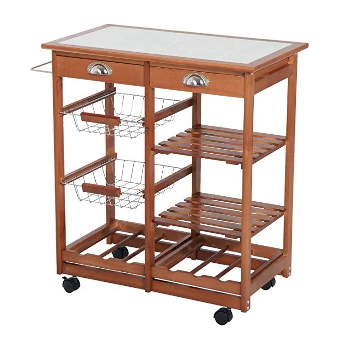 
Rolling Tile Top Wooden Kitchen Trolley Microwave Cart with 6 Bottle Wine Rack 
