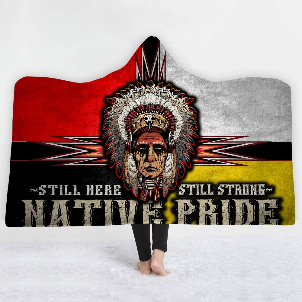 
Hot Sale Native American Flag Indian Native Blood Feather Headdress Hooded Blanket Comfortable Wearable Blanket 