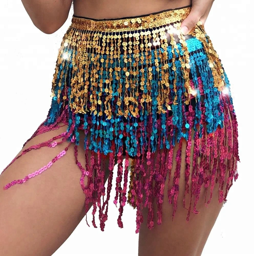 Belly Dance Sequin Tassel Hip Scarf Belt Waist Wrap Music Festival Fringe Skirt