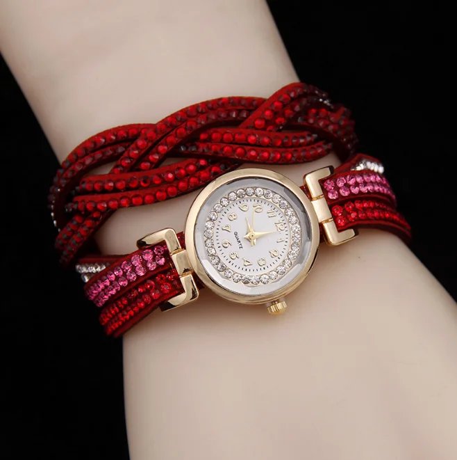 Fashion Luxurious twist leather full rhinestone quartz Watch for women Dress gold ladies casual women bracelet watch