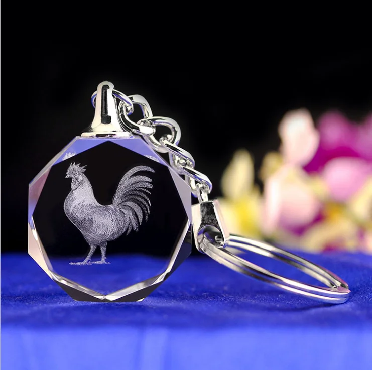 High Quality rabbit custom laser engraved crystal glass Keychain Color Printed Creative 12 chinese Zodiac Sign Key Chain for gif