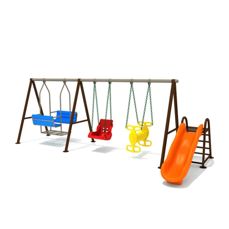High Quality Children Metal Frame Outdoor Playground Four Seat Swing With Slide