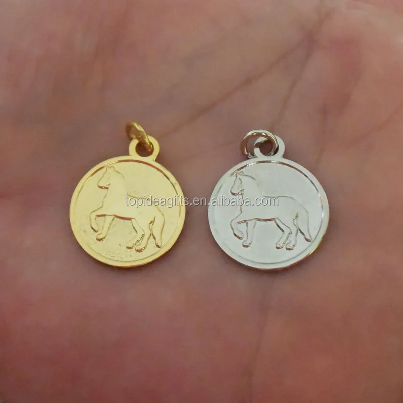 Gold & Silver Finish Horse Logo Metal Sandblast Round Jewelry Bracelet Pendant Tags
