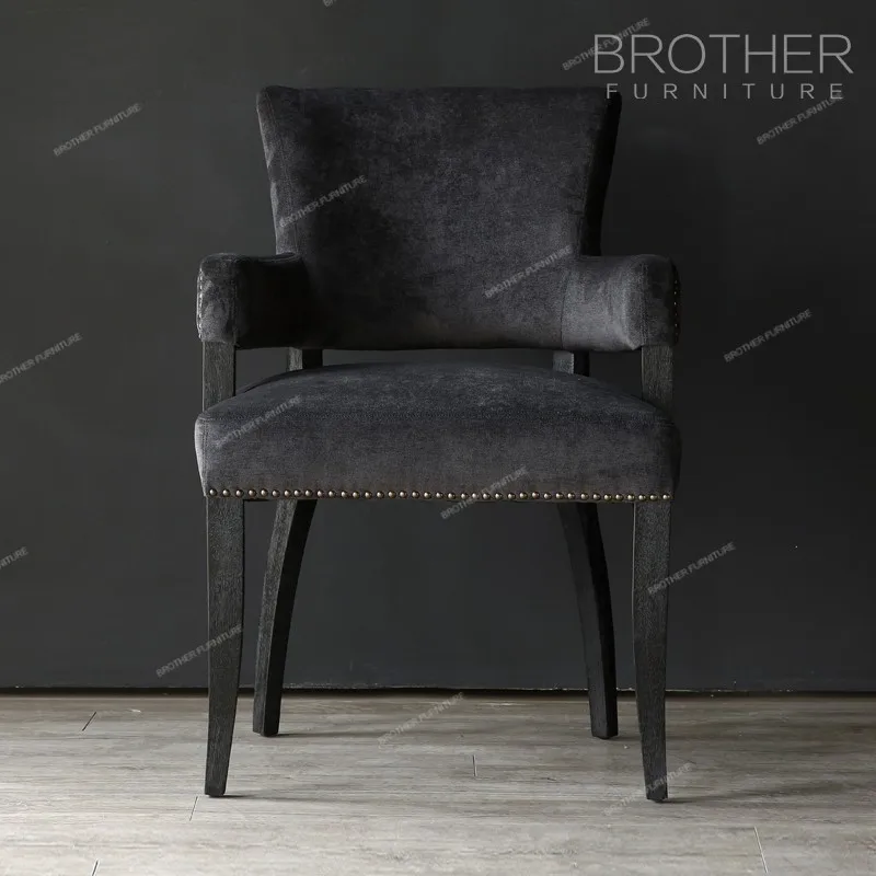 Black antique wood fabric cushion chair with armrest for dining room
