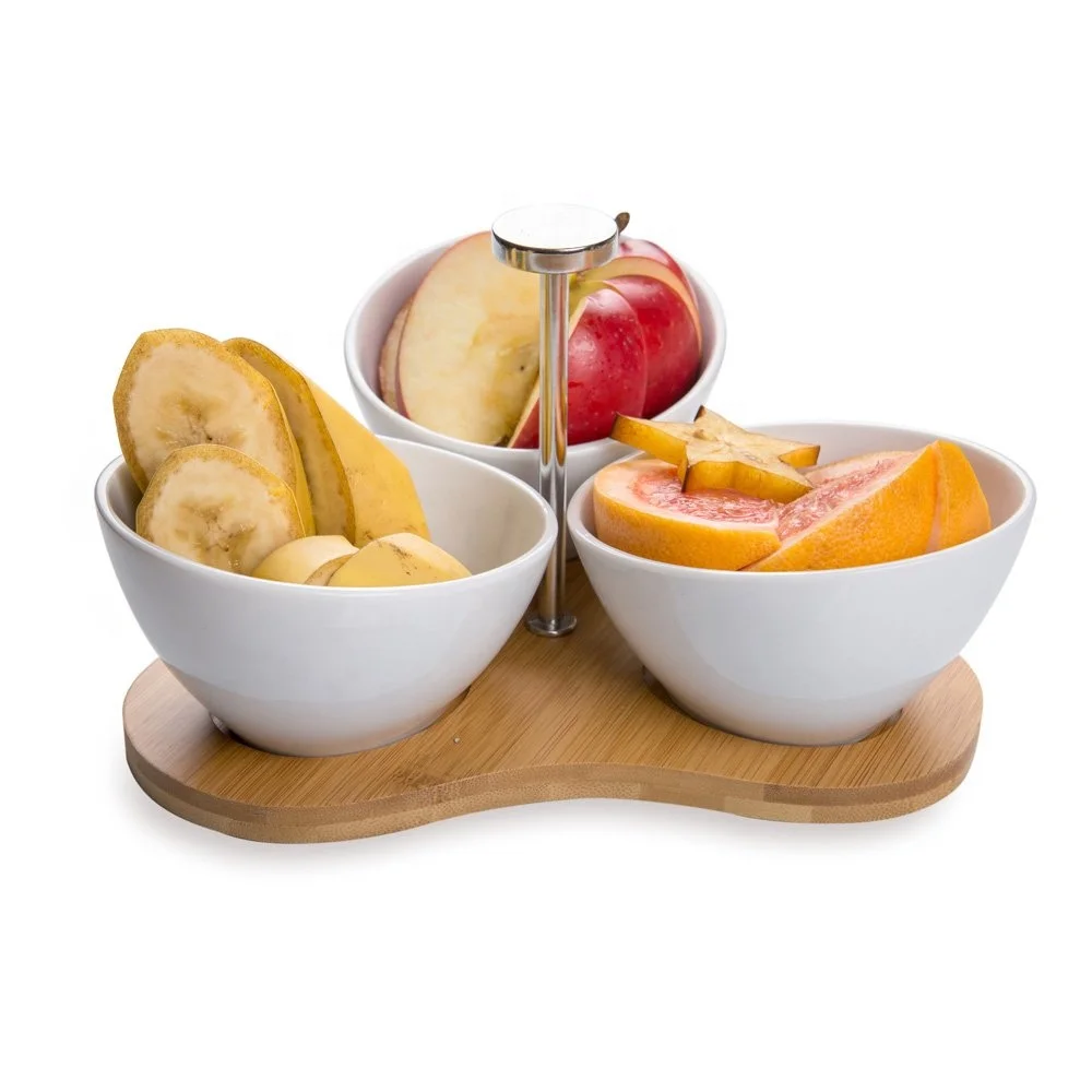 Ceramic Bowl Set with Bamboo Tray Great for Serving Snacks