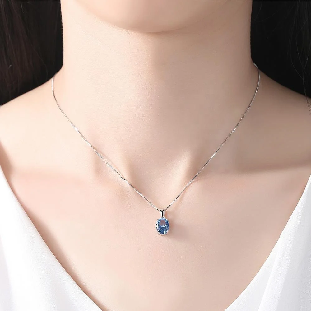 CZCITY Sky Blue Topaz Stone Pendant Oval Shape Natural Stone 925 Sterling Silver White Gold Plated Chain Necklace for Women