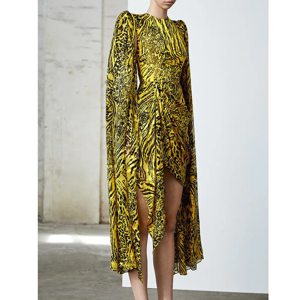 Neon Green  long sleeve Leopard Print Chiffon Fashion Mini Dress Women Summer Clothing Party Dresses with Asymmetrical hem