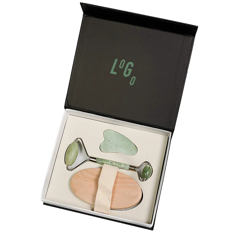 
3 In 1 Green Jade Roller And Guasha Board Set Jade Roller Dry Body Brush With Gift Box Face Lift Slimming Tools Set 