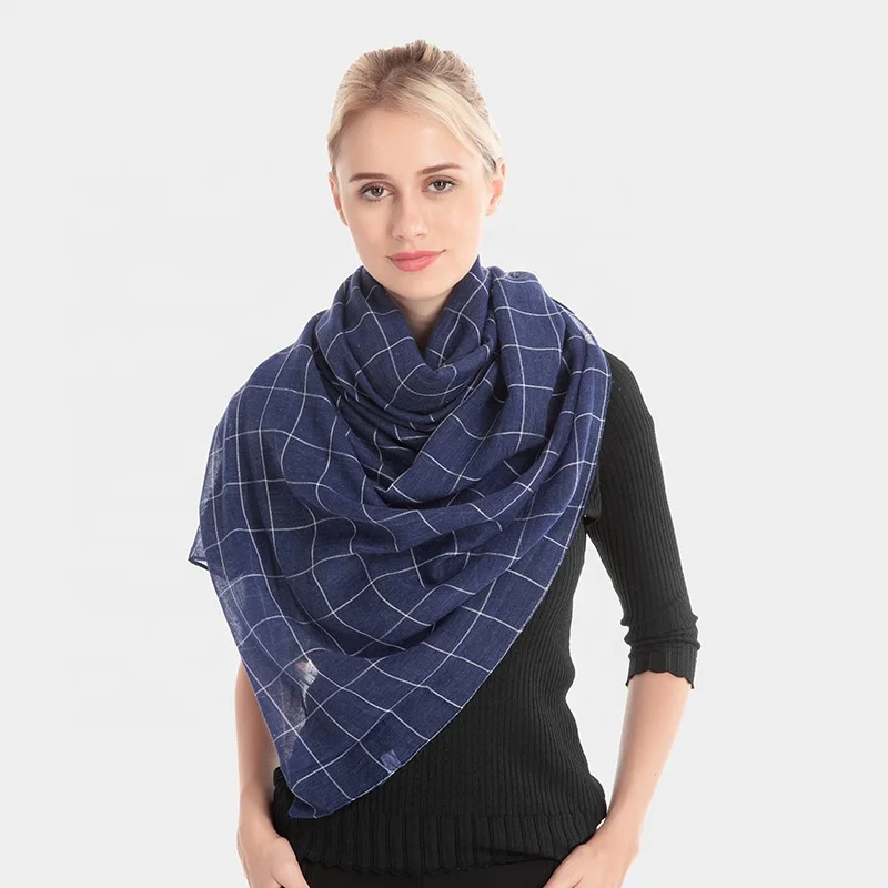 Wholesale Hot Selling Fashion Long Plain Plaid Cotton Check Scarf Women  Solid Color Shawls Ladies Soft Viscose Grid Hijab Scarf