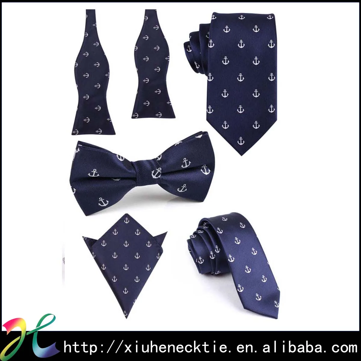 Men anchor pattern Navy Polyester Self Bow tie,Necktie,Bow Tie,Hanky