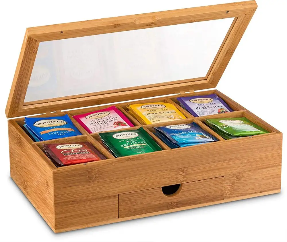 Bamboo Tea Box Organizer - Natural Wood Teabag Holder Organizer - 8 Storage Compartment with Small Drawer