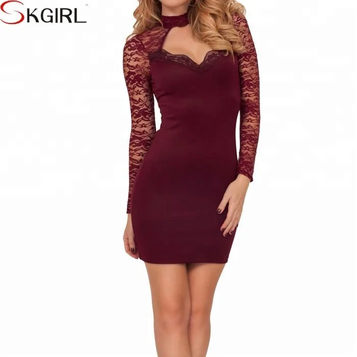 Women knee length crochet open back fitted long sleeve vintage lace dress