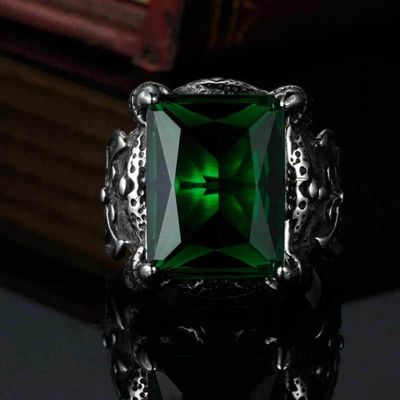 Vintage Engraved Stainless Steel Big Stone Ring Designs For Men