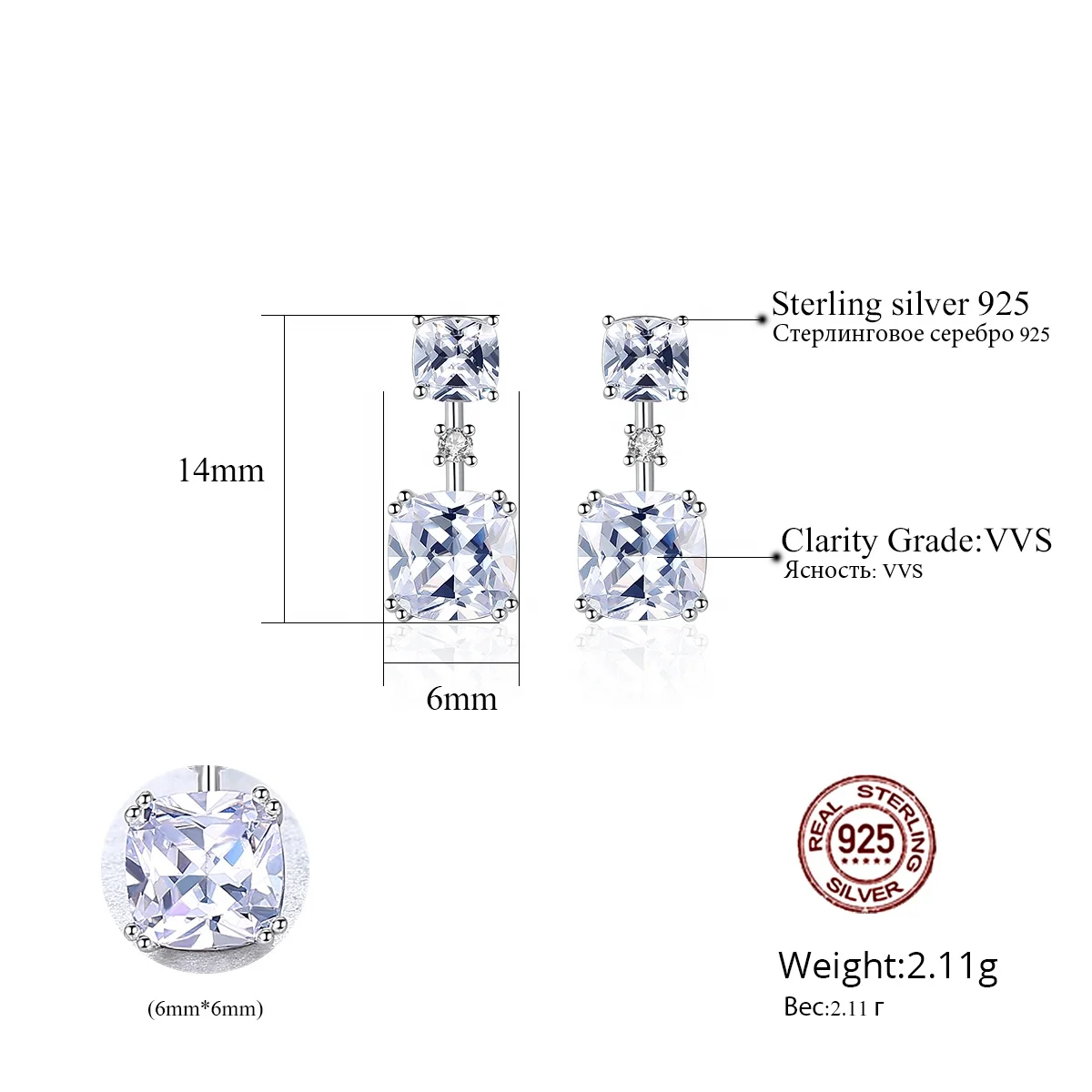 CZCITY High Quality VVS Clear Square Topaz Drop Earrings for Women 100% 925 Sterling Silver Shining Wedding Jewelry Earring