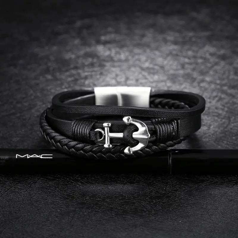 China Wholesale Braided Wrap Leather Mens Black Anchor Bracelet