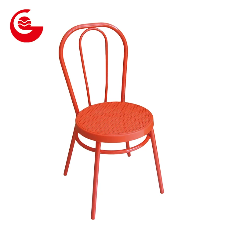 Round shape PP rattan seat wrought iron backrest modern metal dining chairs indoor chair